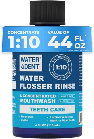 Water Flosser Rinse, IRRIGANT, Concentrate Mouthwash 1:10 = 44 fl.oz, Travel Size, Add to Water Flosser, Mint Flavor, Alcohol Free, Fluoride Free. Made in USA
