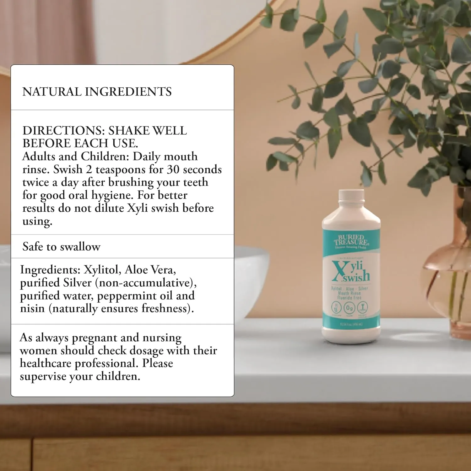 Xyli Swish - All Natural Formulated Nano Silver, Xylitol & Aloe Mouthwash - Alcohol and Fluoride Free - Oral Rinse to Fight Bad Breath & Dry Mouth - Peppermint Flavor - 16oz.